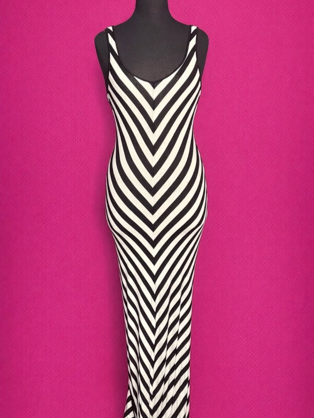 bebe Black & White Striped Midi Bodycon Dress w/ Belt
